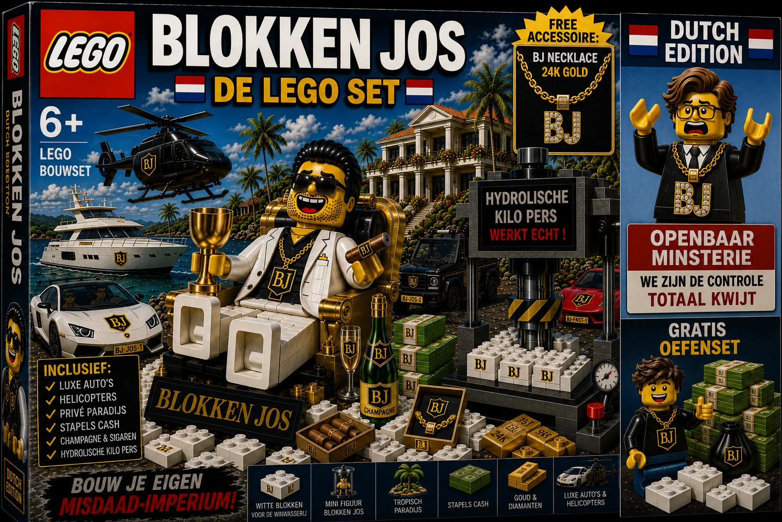 Jos Lijdekkers — Bolle Jos / Turbo Jos in Lego-stijl met helikopter, snelle auto's en stapels geld