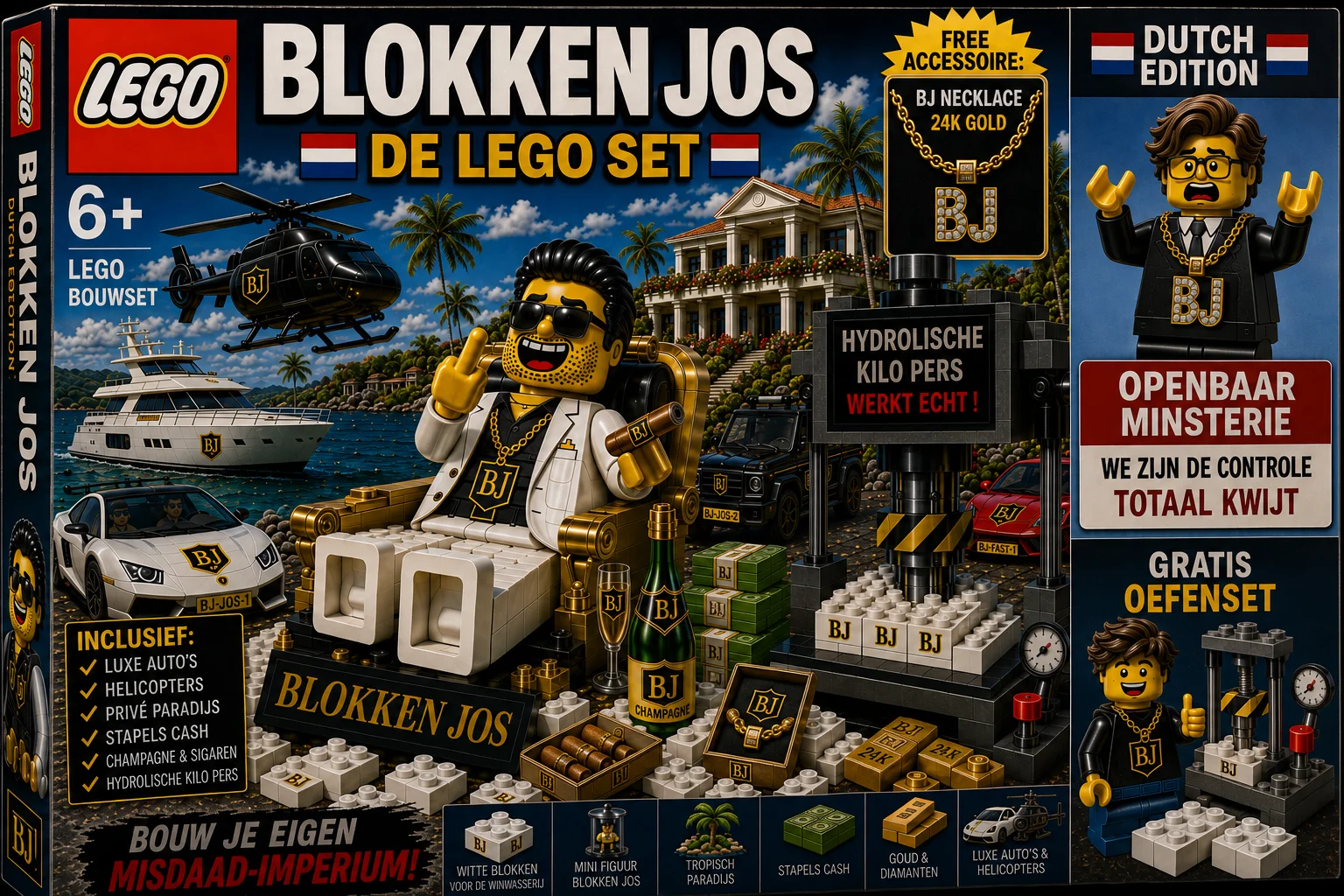 Turbo Jos met gratis oefenset — Lego-stijl set met witte blokken, luxe voertuigen en oefengeld